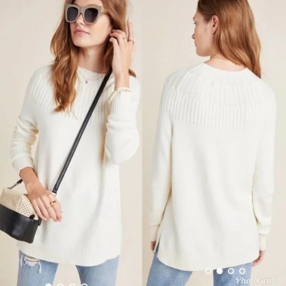 By Anthropologie Welford Mockneck Sweater Ivory Ribbed Womens Medium